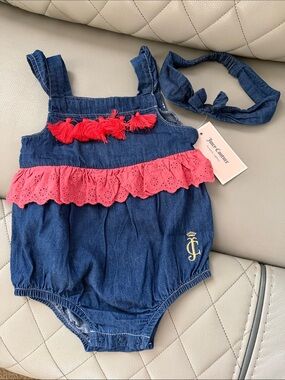 Juicy Couture Denim Baby Romper with Pink Ruffle & Red Tassels